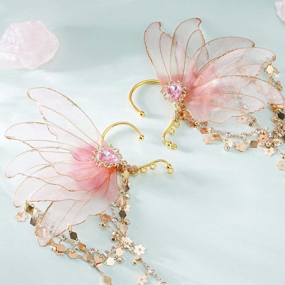 Fairy Elf Ear Cuffs Non Piercing Earrings Cosplay Fairy Wings Pink Women - Picture 4 of 6